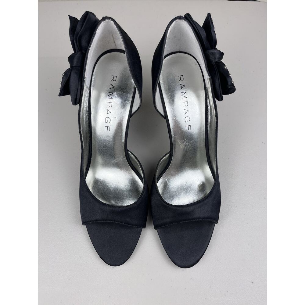 Rampage Chloe Black Satin Open Toe Heels Bow Accent Women’s 8M Evening Shoes
